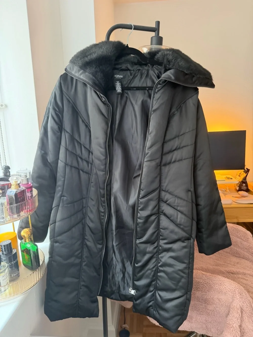 Alfani Petite Black Faux-Fur Trim Puffer Coat - Picture 3 of 5